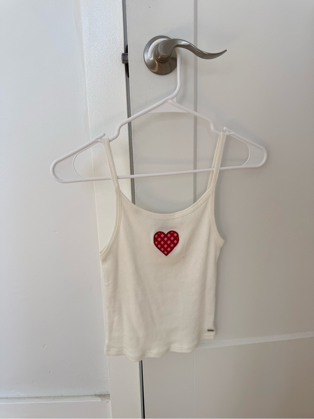 PULL&BEAR Cream Ribbed Tank with Red Gingham Heart Patch